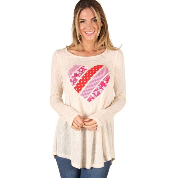 P. S KATE Beige Long Sleeve Pink Red Heart Top B7934 - Picture 1 of 8
